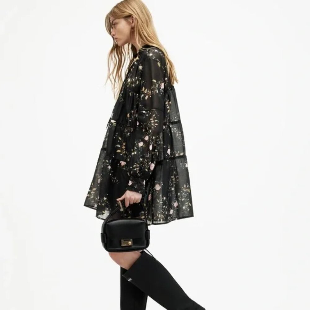 AllSaints Mindy Black Floral Trapeze Short Dress Sheer Whimsigoth Fairycore 6 - Picture 4 of 12